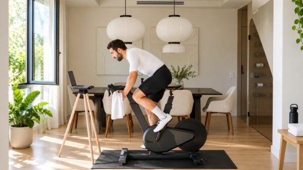 Persona entrenando en una bicicleta indoor junto a una ventana abierta en una habitación ventilada