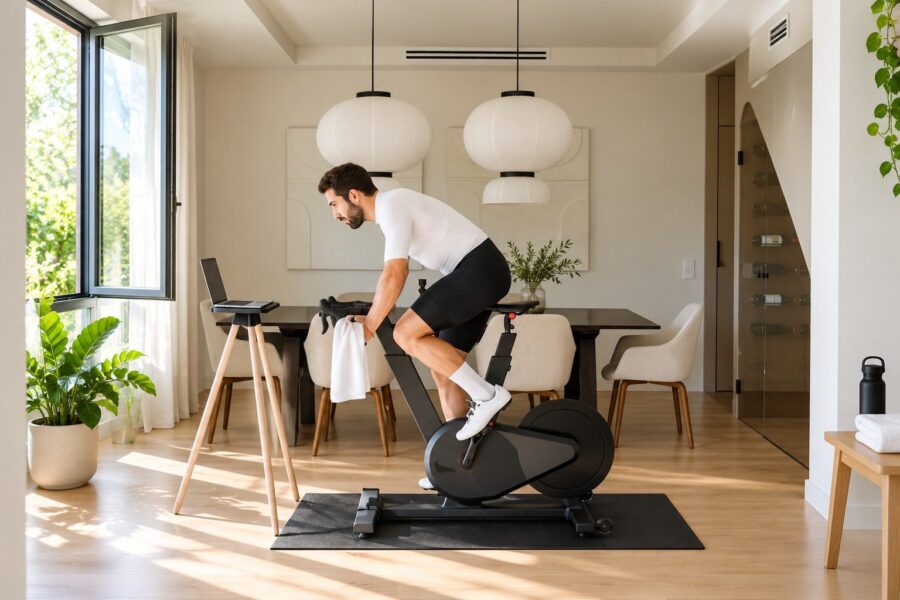 Persona entrenando en una bicicleta indoor junto a una ventana abierta en una habitación ventilada