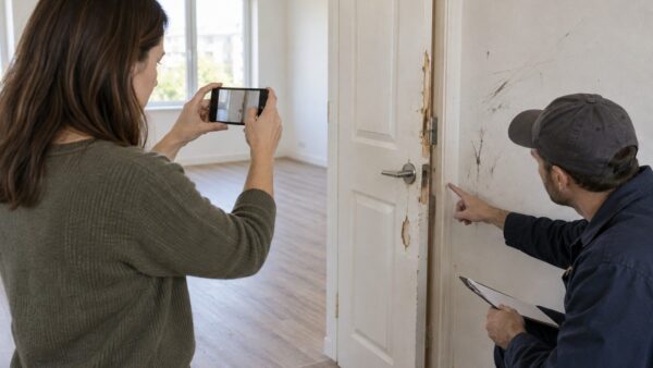 Propietaria fotografía daños en una puerta mientras un profesional revisa la pared